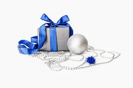 gray and blue gift box beside silver bauble thumbnail