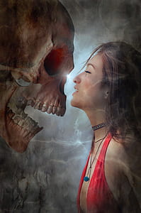 woman wearing red tops facing skull digital wallpaper thumbnail