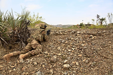 soldier wearing brown camouflage uniform crawling near plant holding rifle thumbnail