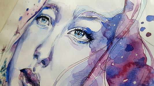 woman blue and purple watercolor portrait painting thumbnail