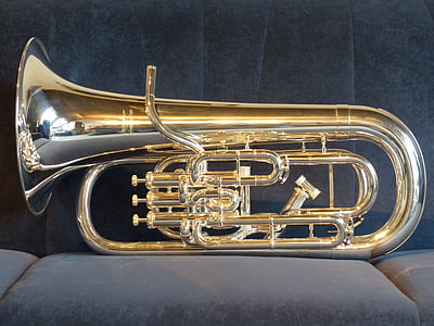 gold-colored wind instrument on black sofa thumbnail