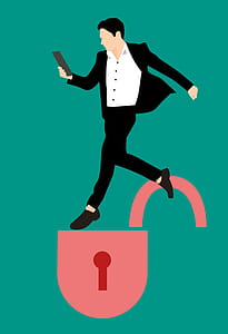 Man with device on lock, open, cybersecurity threat. thumbnail