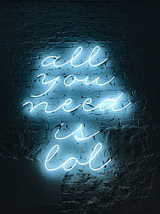 blue and white neon light signage wall decoration on gray wall thumbnail