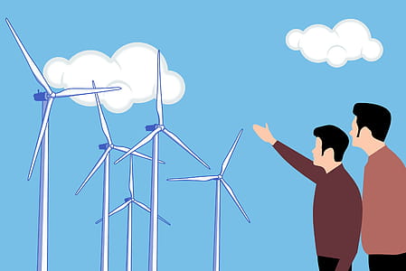 Illustration of renewable clean energy generation in a wind farm. People looking at wind turbines. thumbnail