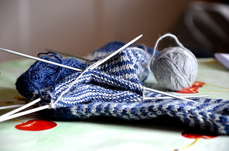 blue and white knitted scarf thumbnail