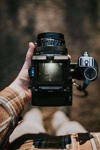 person holding black camera displaying trees at daytime thumbnail