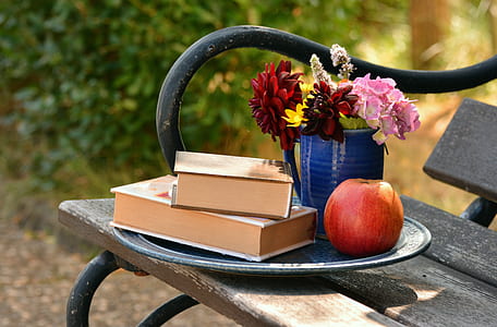 two books beside apple on tray during daytime thumbnail