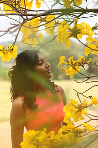Woman Looking at Yellow Petaled Flowering Plant thumbnail