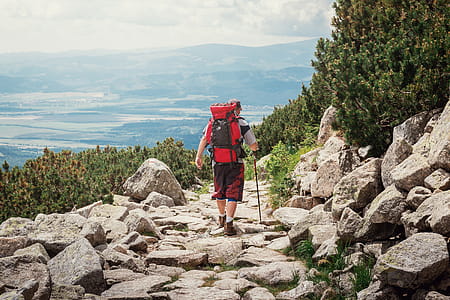 Traveler Man with backpack. Mountains landscape on background. thumbnail