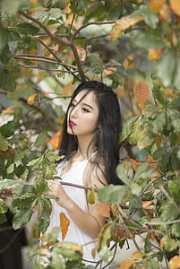shallow focus photography of woman posing under tree branches thumbnail