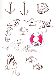 fish, anchor, seahorse and shell illustrations thumbnail
