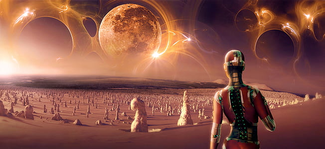 person wearing red suit standing near white rock formation under white moon thumbnail