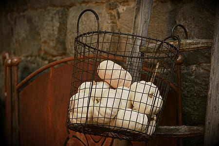 white pumpkins in black metal basket on brown wooden ladder closeup photography thumbnail