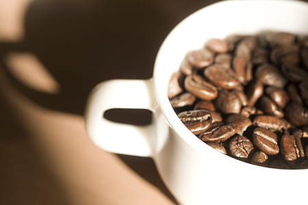 coffee beans filled white mug on brown surface thumbnail