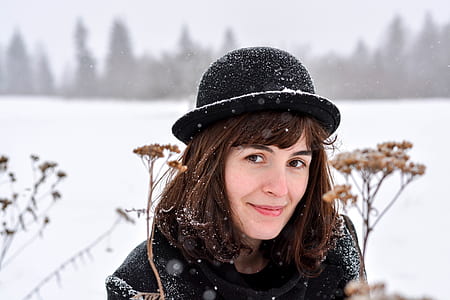 woman wearing hat under snow thumbnail