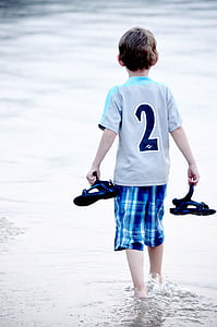 photo of boy holding sandals and walking on body of water during daytime thumbnail