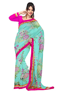 woman wearing green and pink floral sari dress thumbnail
