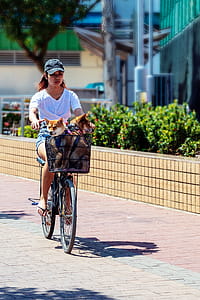 Woman Riding Bicycle With Dog in Basket thumbnail