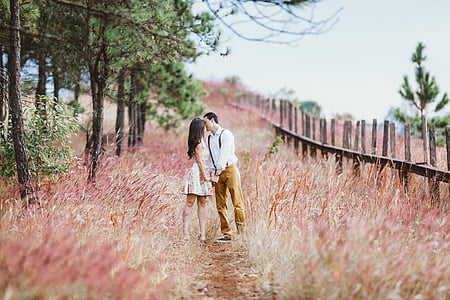 man and woman in the middle of pink grass land thumbnail