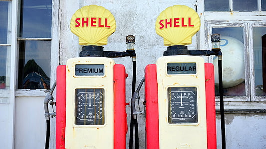 two beige-and-red Shell fuel dispensers thumbnail
