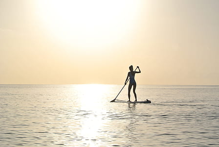 silhouette photo of woman paddling on top of paddleboard in the middle of body of water thumbnail