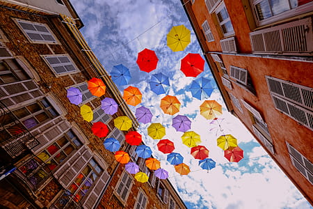 Assorted-color Umbrellas Hanged Near Brown Building thumbnail