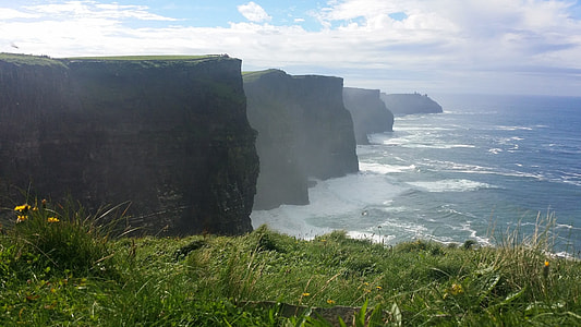 green cliff near body of water under white and blue sky photography thumbnail
