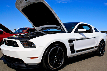 white and black Ford Mustang GT coupe with opened hood thumbnail