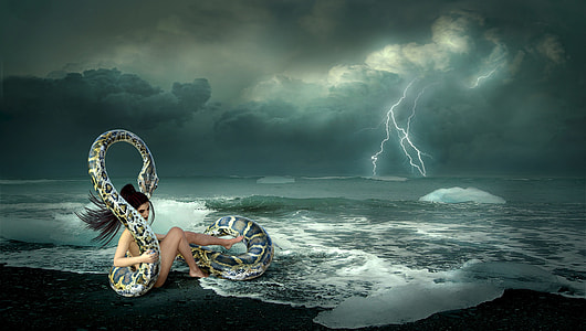 woman and python on beach under cloudy sky illustration thumbnail