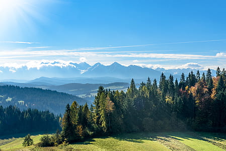 mountains with green trees under blue sky and white clouds thumbnail