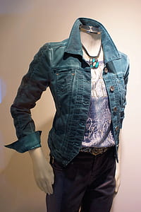 blue denim jacket and purple tube dress shirt thumbnail