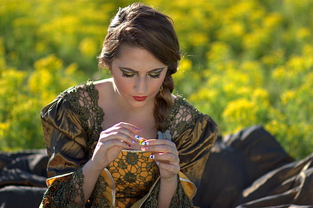 woman in yellow and gray floral dress thumbnail