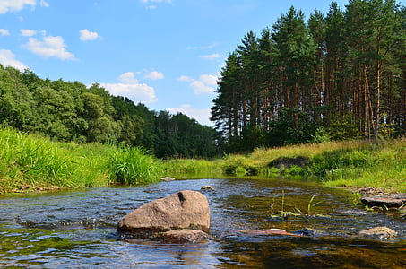 brown rocks at river under blue and white cloudy sky during daytime thumbnail