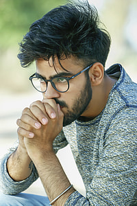 men's wearing gray long sleeved T-shirt with black frame eyeglasses thumbnail