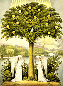 two angels under green tree with white dove painting thumbnail