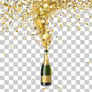 Champagne Bottle Confetti Illustration, Festival celebrations Champagne, gold stars and green bottle illustration PNG clipart