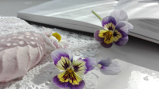 two purple petaled flowers beside book thumbnail