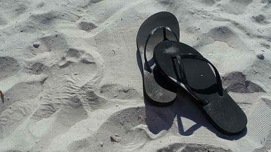 pair of black flip-flops on sand thumbnail