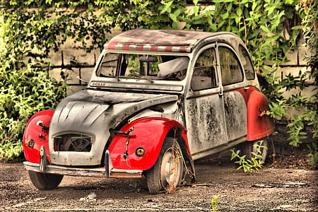 abandoned white and red Citroen CV2 near wall with green leaf plants during daytime thumbnail