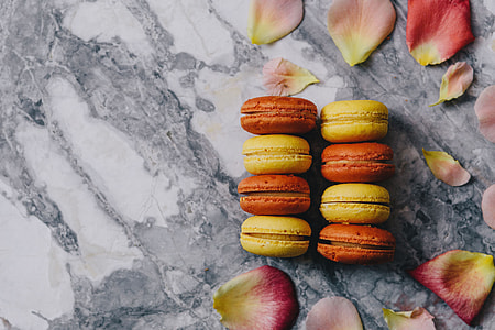Overhead view of macarons on a marble slab thumbnail