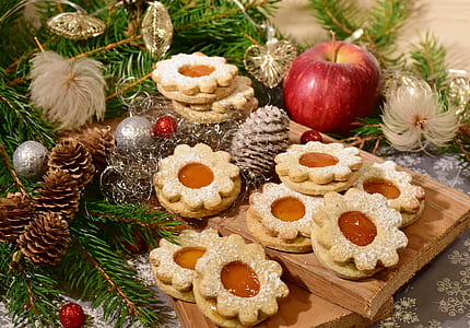 biscuits in brown wooden tray near ripe apple thumbnail
