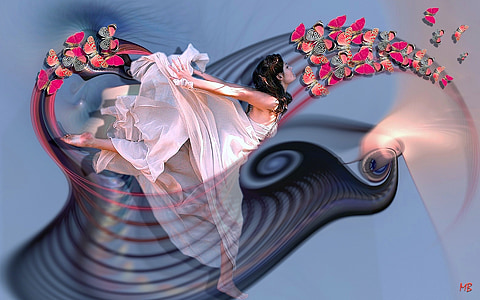 woman in white dress with butterflies and abstract in background thumbnail