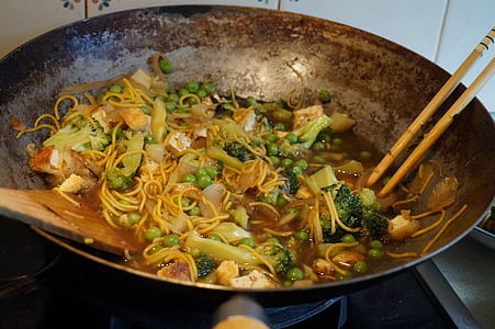 cooked broccoli with pasta and meat on wok thumbnail