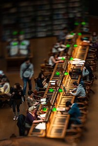 selective photography of people on desk inside library thumbnail