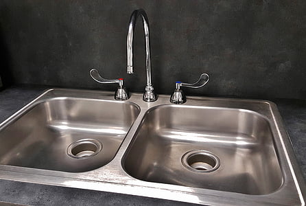 gray stainless steel twin sink with faucet thumbnail
