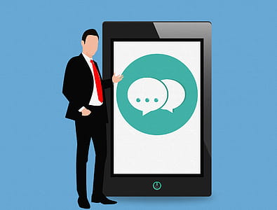 SMS social mobile tablet device, with standing businessman illustration. thumbnail