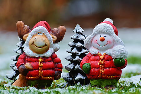 Snowman and deer ceramic figurines thumbnail