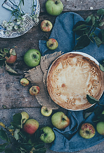 round baked pie surrounded with green apples thumbnail