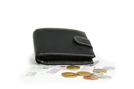 black leather snap wallet on two banknotes beside assorted coins thumbnail