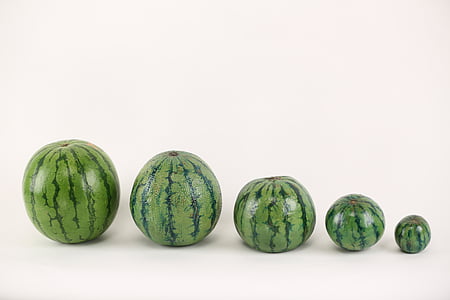 five green watermelon fruits on white surface thumbnail